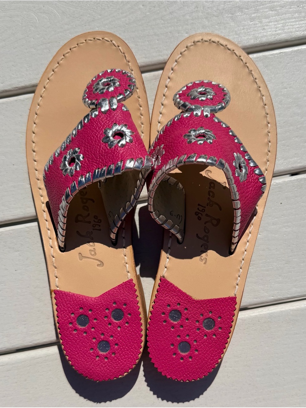 NIB: Jack Rogers Leather Sandals in Fuchsia with Silver Accent Stitching